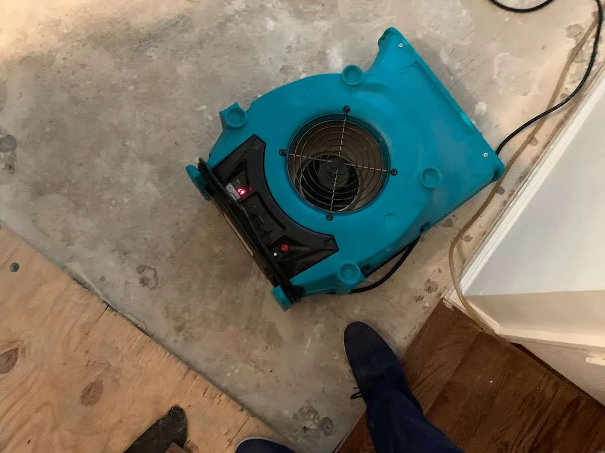 Air mover drying subfloor during Commercial Water Damage Restoration in Rowley
